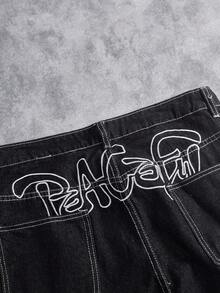 Manfinity ZONE917 Casual Loose Fit Wide Leg Jeans With Back Pocket Star & Letter Embroidery Design - Black - View 5