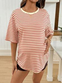 SHEIN Maternity Summer Casual Vacation Daily Commute Contrast Color Striped Print Loose Fit T-Shirt World Cup - Apricot - View 5
