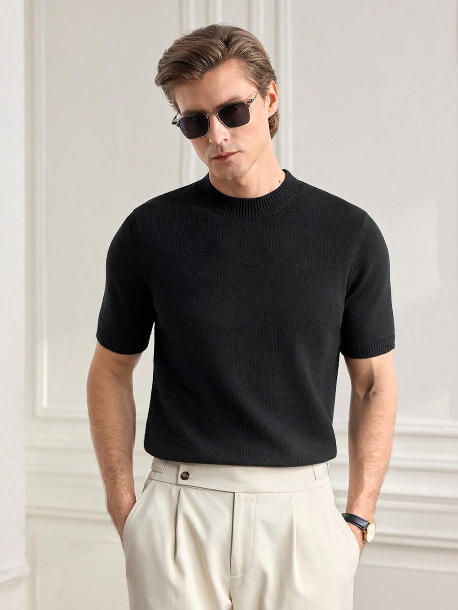 Officeau Suéter de punto de manga corta con unicolor casual para hombres - Negro - Ver 1
