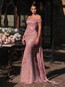 Glamrae Đầm dạ hội trễ vai dáng đuôi cá sang trọng, đính cườm và sequin hoa văn, chất liệu chiffon, phù hợp cho đám cưới, sự kiện, tiệc tùng, kỳ nghỉ, dạ hội (được trang trí cầu kỳ). - Bụi hồng - Xem 8