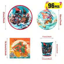 Bộ đồ dùng tiệc dùng một lần hình tàu cướp biển lúc hoàng hôn gồm đĩa, khăn ăn và cốc giấy, phục vụ 24 khách. Bộ đồ dùng tiệc bằng giấy dùng một lần này phù hợp cho sinh nhật, đám cưới, tiệc theo chủ đề và dã ngoại gia đình. - Xem 8