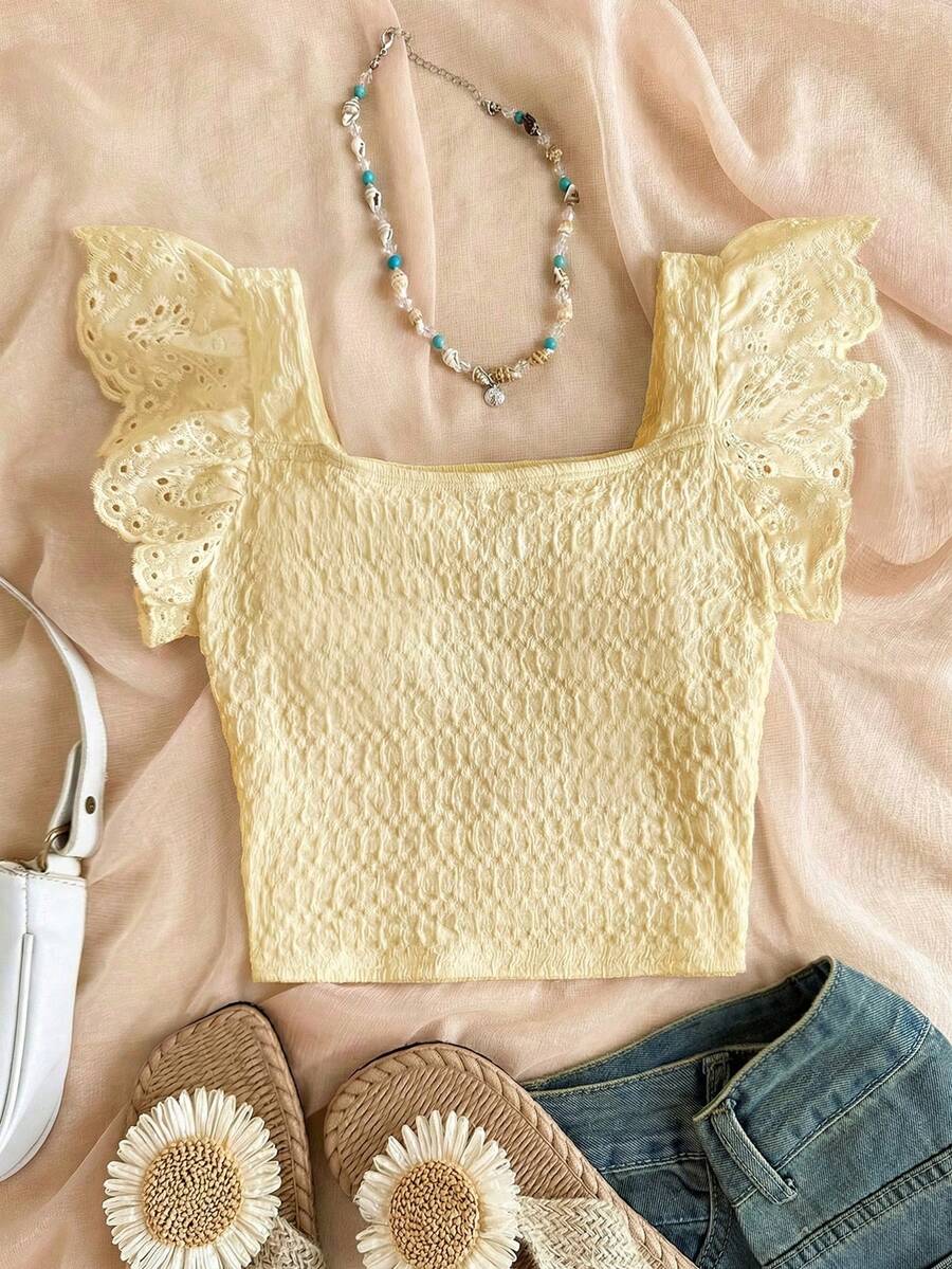 SHEIN Tween Girls' Casual Vacation Home Patchwork Embroidery Lace Textured Knit Fitted Cropped Square Neck T-Shirt, Yellow - Yellow - View 1