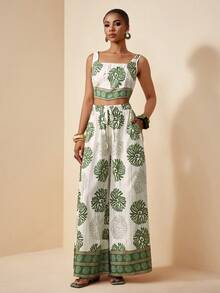 Zivah 2026春夏新款休闲度假波西米亚风热销单品印花方领露脐背心+高腰阔腿裤女式两件套。适合日常穿着、度假、旅行、海滩、西部风情、游牧风、节日庆典、机场穿搭以及婚礼宾客着装。 - 彩色 - 查看 5