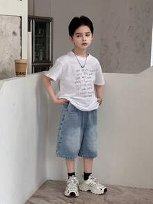 Dazy Kids Pantalones cortos vaqueros sueltos de verano informales para niños preadolescentes con bloques de color lavados y bolsillos parche - Azul - Ver 1