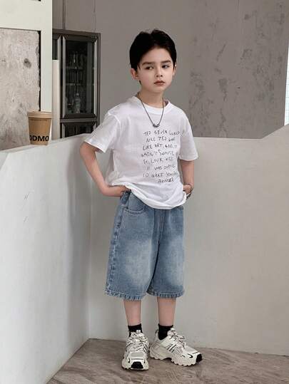 Dazy Kids Quần short denim dáng rộng, thoải mái, phối màu, có túi vá, dành cho bé trai tuổi teen, thích hợp mặc mùa hè.