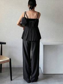 FRIFUL 女士纯色褶皱吊带背心和阔腿裤休闲两件套家居服套装，夏季女装 - 黑色 - 查看 3