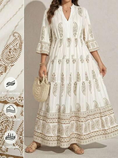 SHEIN LUNE Vestido de playa con estampado floral, mangas acampanadas y volantes para mujer de talla grande. Vestido elegante para vacaciones de mujer. Vestidos de verano para mujer. Vestido maxi verde y blanco. Vestido maxi floral verde. Vestido maxi con volantes. Ropa de otoño para mujer. Ropa de escuela. Atuendos de campo para mujer. Atuendos de maestro para mujer. Atuendos de campo para mujer en otoño. Ropa de otoño para mujer. Atuendos otoñales glamorosos para mujer. Vestidos modestos para mujer. Atuendo casual de San Valentín