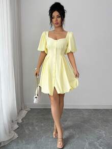 SHEIN Elenzya Women's Elegant Pale Yellow Summer Dress,Puff Sleeve Square Neck Waist Cinched Peplum Hem Short Dress,Casual Tea Party Beach Holiday Formal Dress - Yellow - View 4