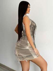 VaVaBold Women's Tie-Dye Round Neck Fashionable Date Night Party Mini Dress - Apricot - View 6
