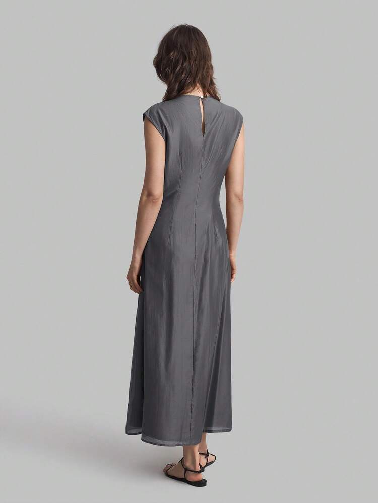 2026SS New Elegant Solid Gray Waist Cinched Long Dress, Graceful Women's Dress, Outerwear, Business Casual Vacation Beach Birthday Party Outfit, Teacher Uniform, Office Wear