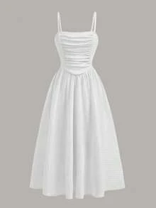 Girlism Tween Girls' White Solid Color Pleated Fitted Waist Elegant Camisole Dress, Suitable For Spring/Summer, Luncheon, Festivals, Outings - White - View 5