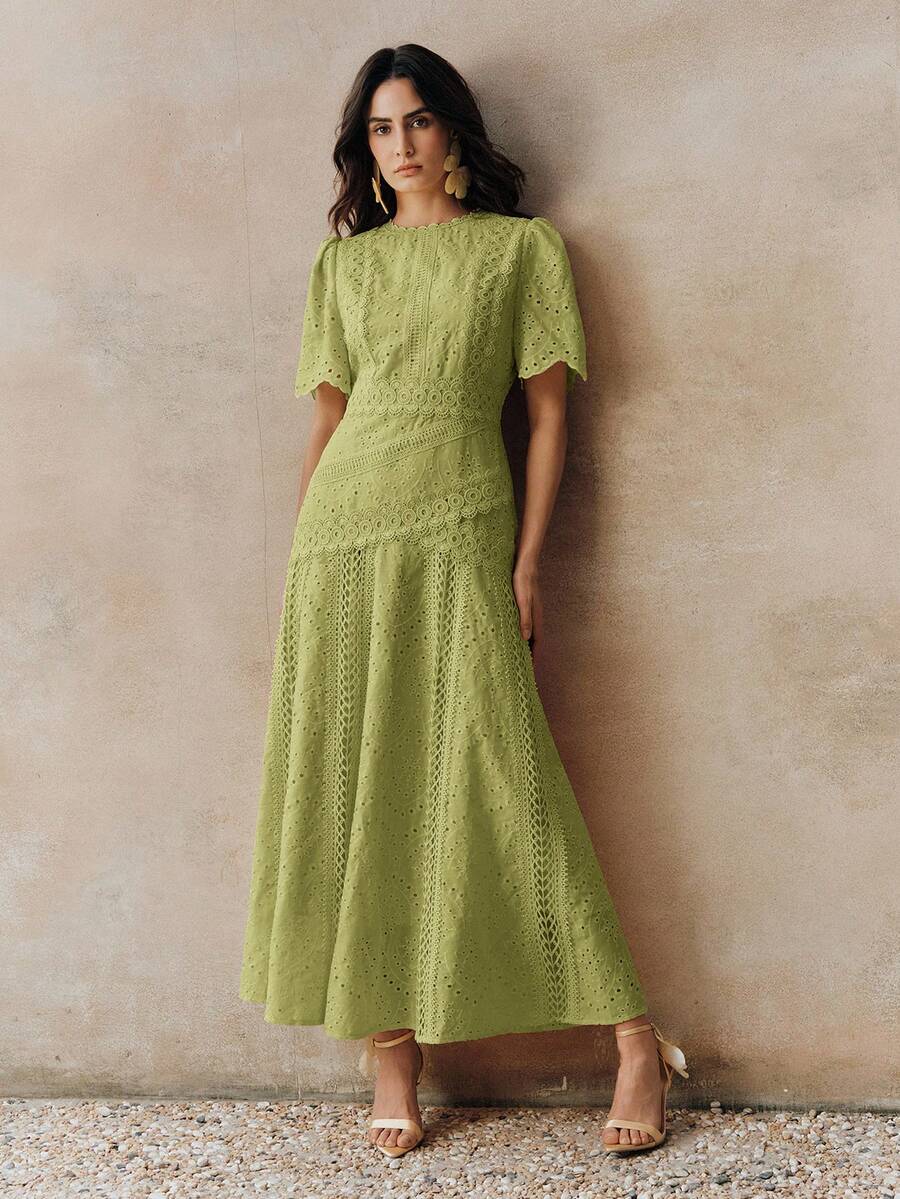 优雅花卉饰边圆领收腰短袖连衣裙（女款） - 綠色 - 查看 1