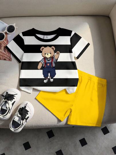 SHEIN Bộ 2 món unisex cho bé trai 0-3 tuổi, họa tiết gấu sọc vàng, cổ tròn, tay ngắn và quần short, thích hợp cho hoạt động ngoài trời, thể thao, đi học, mùa xuân/hè.