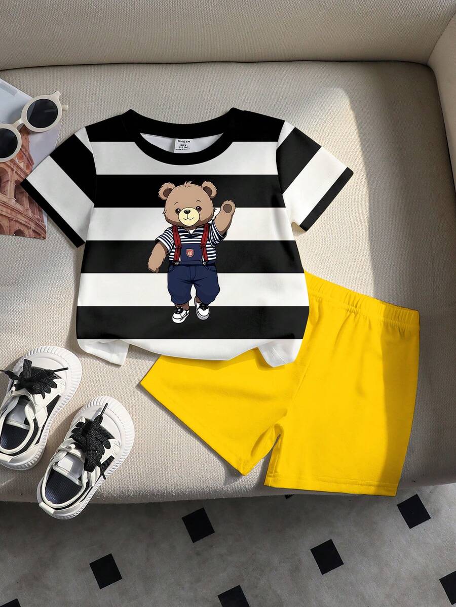 SHEIN 2件套男女童0-3岁男婴休闲时尚黄色条纹小熊印花圆领短袖T恤和短裤套装，适合户外、运动、上学、春夏季穿着。 - 彩色 - 查看 1