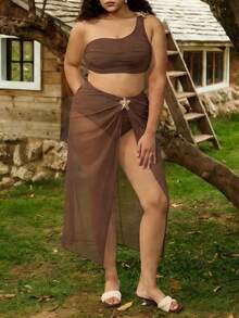 Swim Oasis Conjunto de bikini de 3 piezas de color sólido para mujer de talla grande, adecuado para la playa, la natación y las vacaciones - Café integral - Ver 7