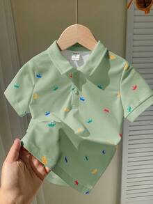 SHEIN 1 件年轻男孩休闲校园风格皇冠印花短袖 Polo 衫，舒适百搭，适合户外玩耍和上学，春夏季 - 薄荷綠 - 查看 7
