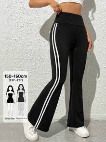 SHEIN PETITE Striped Side Flare Leg Pants - Black - View 7