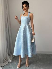 Selianne Romantic Jacquard Tie Waist A-Line Dress - Baby Blue - View 5