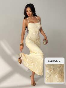 SHEIN PETITE 纯黄色提花露背系带修身连衣裙，优雅早午餐礼服，婚礼宾客着装，鸡尾酒礼服，高贵连衣裙，黄色连衣裙，假日海滩装扮 - 淡黃色 - 查看 4