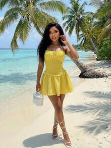 Slaydiva Spring/Summer New Elegant Casual Cute Sweet Vacation Beach Play Date Halter Neck Elastic A-Line Short Dress - A - Yellow - View 10