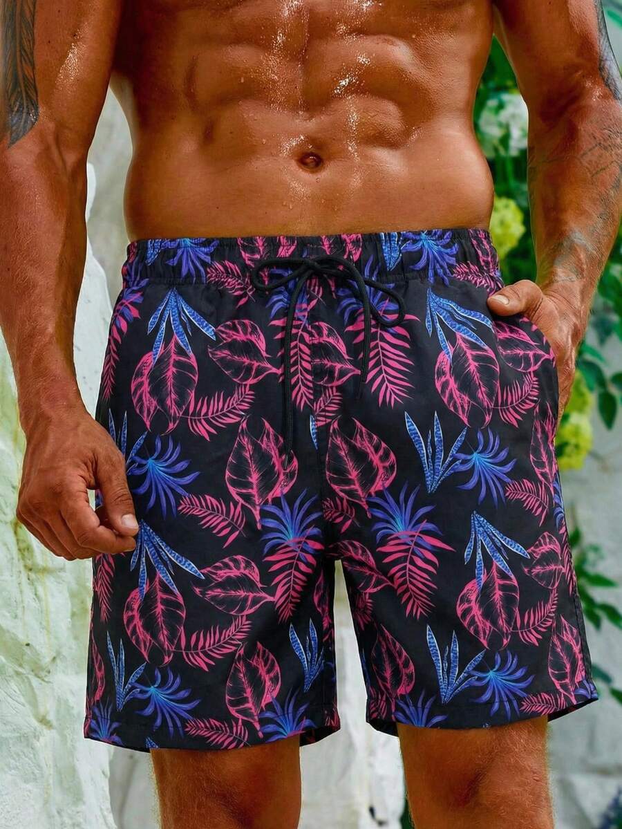 Manfinity Swimmode Quần short đi biển nam kiểu dáng thường ngày in họa tiết nhiệt đới, quần bơi nam mùa hè, quần bơi họa tiết nhiệt đới, quần bơi kiểu Hawaii. - Nhiều màu - Xem 1