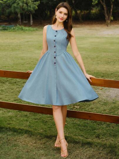 Vintamour 复古经典优雅女士连衣裙，春夏修身纽扣连衣裙，蓝色喇叭裙，无袖连衣裙，带口袋连衣裙