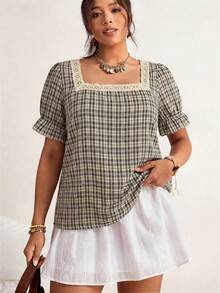 Freevana 大码格子方领短袖衬衫 - 黑色 - 查看 4