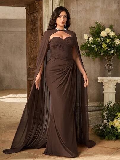 Aureia 大码优雅奢华咖啡色褶皱荷叶边鱼尾连衣裙，适合晚宴、盛会、婚礼、音乐节等场合（精致设计）