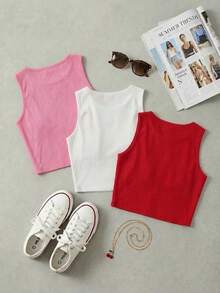Set Of 3 Short Tops Sleeveless Cute Withs - Red - View 6