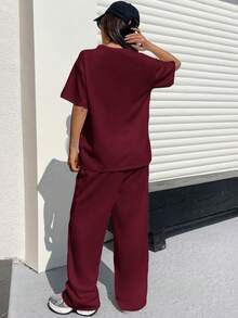 Muchica 玫瑰红纹理休闲宽松T恤裤套装（女款） - 玫瑰紅 - 查看 2