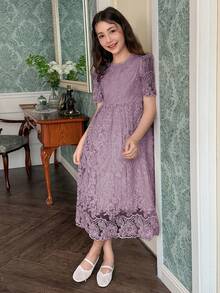 Hapijoa Vestido casual de verano para niña preadolescente con bordado floral, cuello redondo, para vacaciones y uso diario - Morado - Ver 2