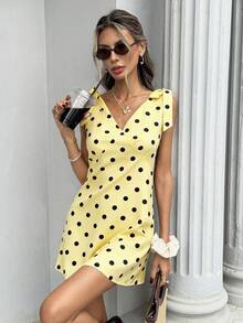 Pariaura Đầm nữ kiểu Pháp thanh lịch tối giản, thắt dây vai, họa tiết chấm bi, màu nâu sô cô la. - Màu vàng ngỗng - Xem 5