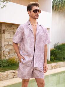 Palasendo Bộ đồ đi biển thường ngày dành cho nam giới: áo sơ mi và quần short in họa tiết cây cỏ. - Nhiều màu - Xem 4