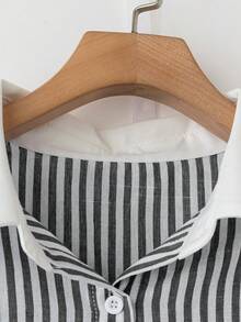 Franclia Casual Minimalist Versatile Blue Striped Patchwork Solid Color Short Sleeve Shirt Blouse For Women - Black and White - View 4