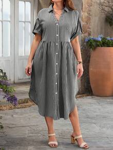 EMERY ROSE 大码休闲条纹纽扣衬衫裙 夏季连衣裙 夏季穿搭 夏季服装 春季连衣裙 春季穿搭 女士春季服装 碎花连衣裙 女士碎花连衣裙 女士海滩度假穿搭 女士度假连衣裙 波西米亚乡村风女士夏季连衣裙 女士野餐连衣裙 女士夏季连衣裙 女士春季连衣裙 女士沙滩连衣裙 假日连衣裙 乡村连衣裙 - 黑與白 - 查看 4