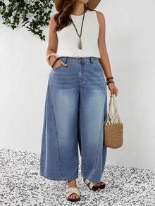 EMERY ROSE Mature Denim 大码女式休闲日常通勤简约百搭宽松阔腿牛仔裤，不含腰带，适合夏季、春季、嘉年华、派对、海滩、外出、约会、鸡尾酒会、正式场合、度假、办公室、工作、通勤、婚礼宾客以及西部节日等场合。 - 藍色 - 查看 7