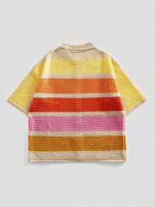 ROMWE MEN Men's Loose Dropped Shoulder Hollow Out Knit Shirt, Vacation Shirt - Multicolor - View 3