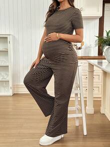 SHEIN 2pcs Maternity Casual Striped Print Short Sleeve T-Shirt And Adjustable Waist Wide Leg Pants Set, Suitable For Spring, Summer And Autumn - Coffee Brown - View 6