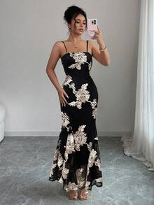 Rafferiza 女士优雅吊带提花针织修身鱼尾连衣裙，畅销晚礼服，女士正装派对礼服，优雅 - 黑色 - 查看 6