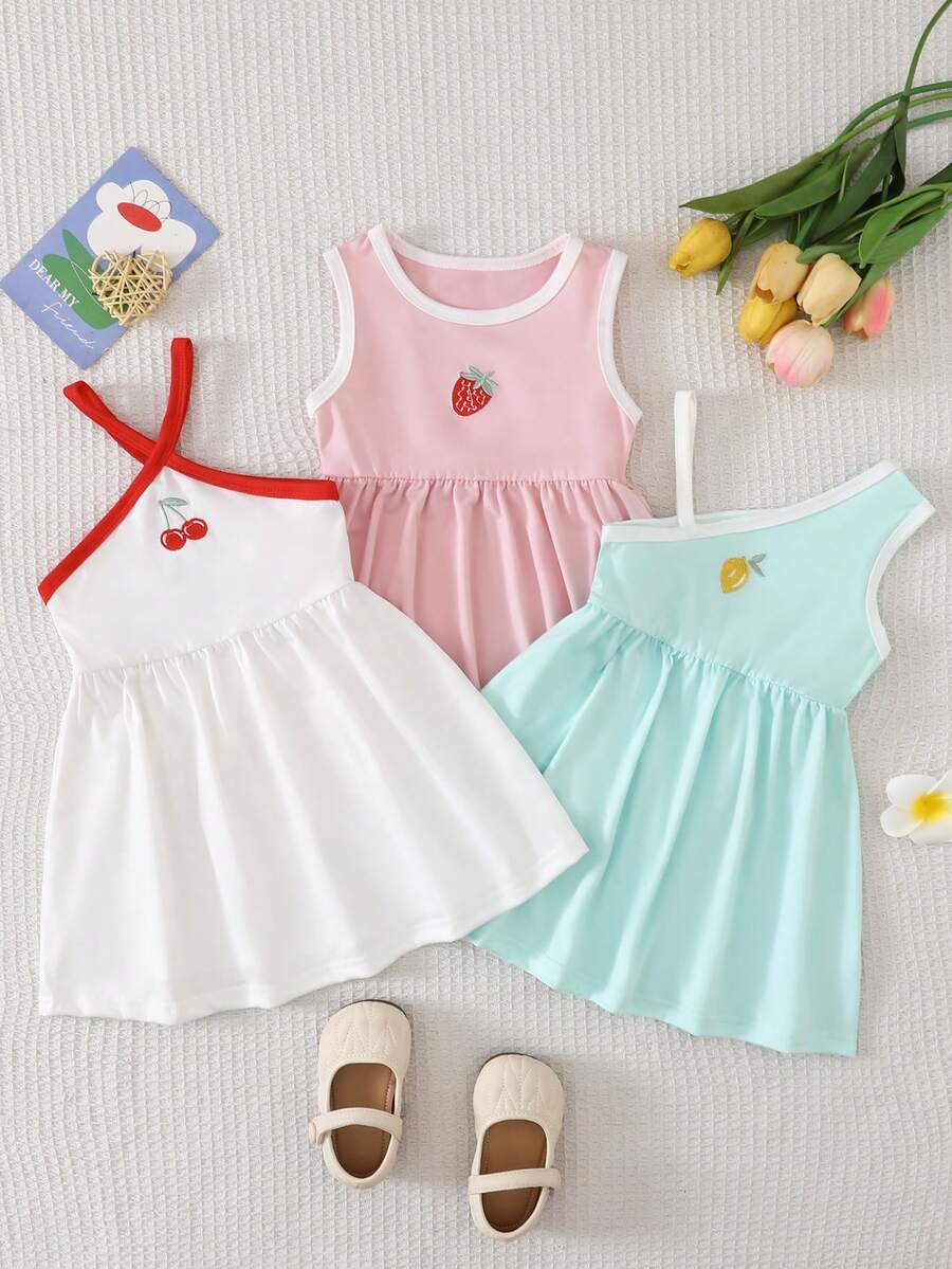 SHEIN Playful Pals 3pcs/Set Gaun Tanpa Lengan Warna Dopamin Modis untuk Bayi Perempuan, Cocok untuk Aktivitas Luar Ruangan Musim Panas - MultiWarna - View 1