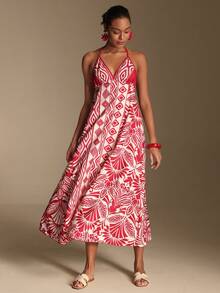 Swim Oasis Printed Halter Backless Mid-Length Dress - Red - View 1