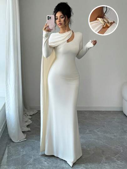 Islaluna 女士春夏新款中东卡塔尔风格连衣裙，胸前金属扣装饰设计，镂空腰部褶皱针织修身A字蝙蝠袖优雅复古连衣裙