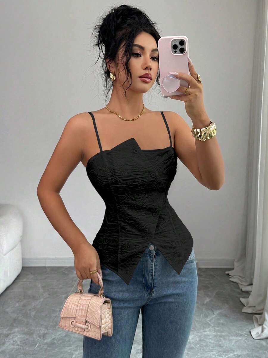Elenzga Women's Spring/Summer New Arrival French Retro Elegant Elegant Casual Commute High-End Textured Fabric Camisole With Waist Cinching And Side Slit - Black - View 1