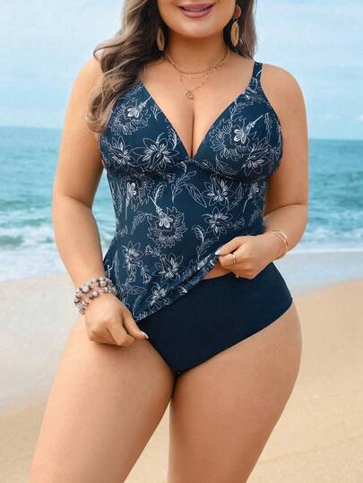 Swim Lushoire 2026 New Plus Size Women's Summer V-Neck Floral Print Tankini Swimsuit Set, Slimming Solid Color Triangle Bottom, Casual Vacation 2-Piece