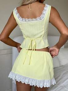 CovetEZ Women's Summer Sexy Button-Front Textured Top And Ruffle Hem Skirt 2 Pieces Set - Yellow - View 6