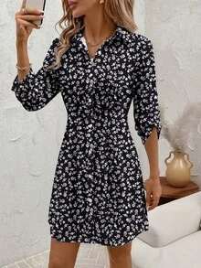 SHEIN Clasi 休闲简约度假波西米亚风优雅浪漫复古黑白碎花图案连衣裙，适合海滩、度假、女士夏季穿搭，衬衫式纽扣短裙 - 彩色 - 查看 4