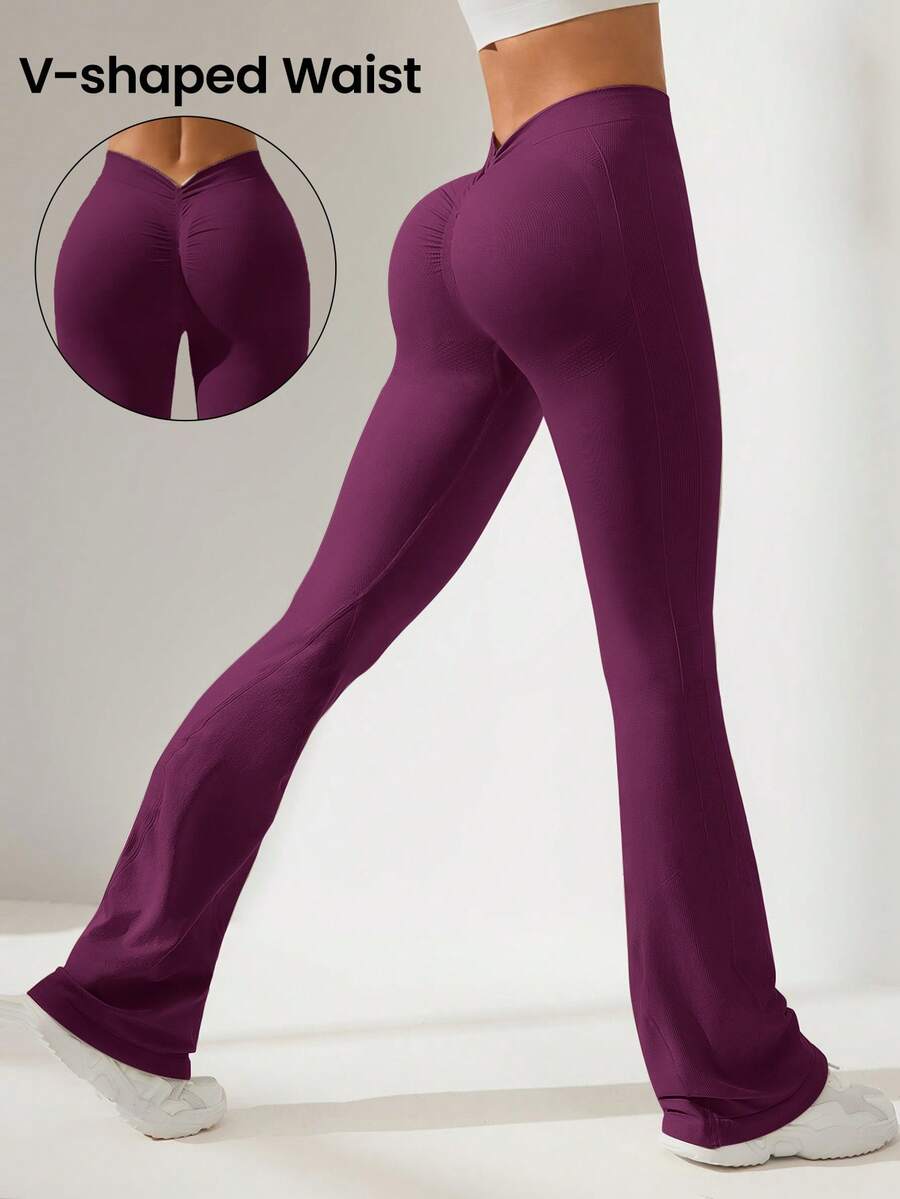 Eassivo Eassivo Pantalones acampanados con pliegues elásticos de unicolor minimalistas para mujer - Morado - Ver 1