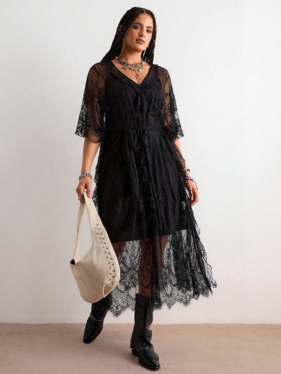 Freevana Bohemian Spring/Summer New Music Festival Outfit Lace Sheer Dress, V-Neck Ruffle Loose Coverup Dress, Layered Vacation Style Elegant Long Dress - Black - View 1