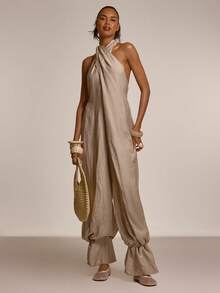 MUSERA 裹身露背宽松低背收口袖口连体裤，可爱春夏性感海滩度假休闲装 - 灰色 - 查看 1