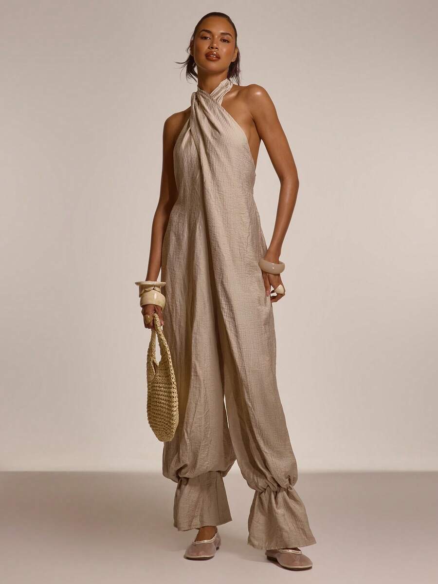 MUSERA 裹身露背宽松低背收口袖口连体裤，可爱春夏性感海滩度假休闲装 - 灰色 - 查看 1